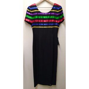 Maggy London by Kenneth Nolan Metallic Rainbow Striped Black Gown Size 8